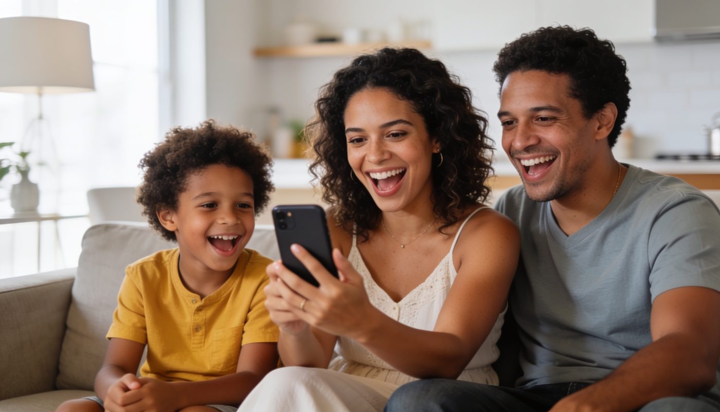 Família usando o ContaAí junta no sofá